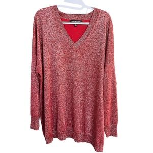 Jones NewYork Woman Red Silver Metallic Long Sleeve V-Neck Tunic Sweater Size 1X